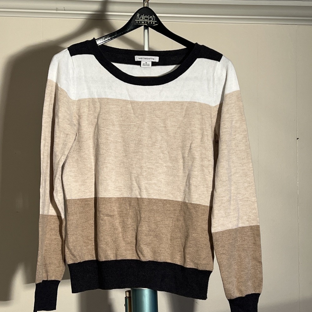 Liz Claiborne Women's Size Medium Scoop Neck Sweater Beige White Tan Dark Gray
